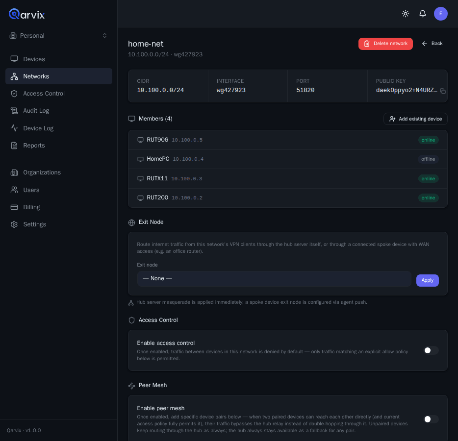 Детальная страница сети Qarvix